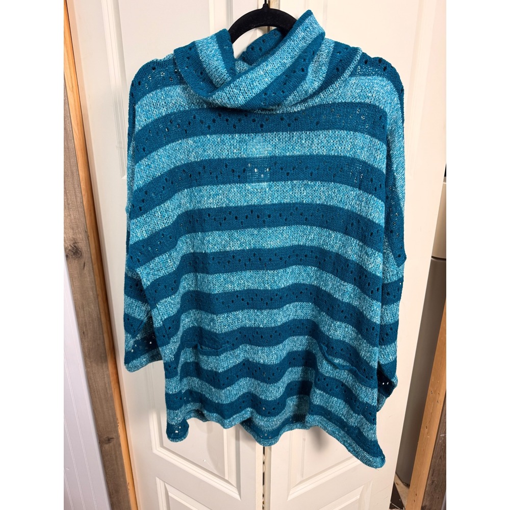 Yak & Yeti Women Blue Striped Cowl Neck Pointelle Knit Sweater L/XL